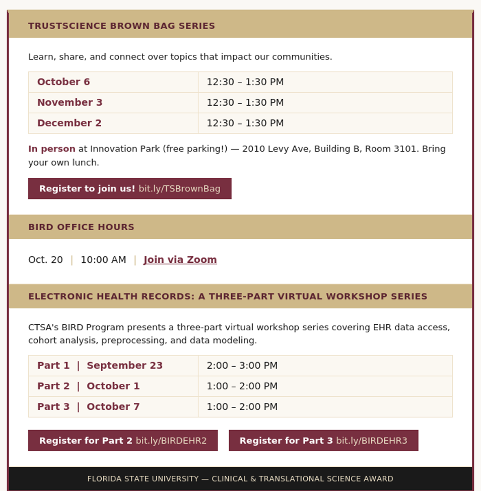 Table with Dates of Upcoming Trainings 
