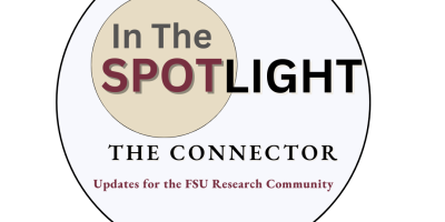 small beige circle in larger white circle with wording - In the Spotlight